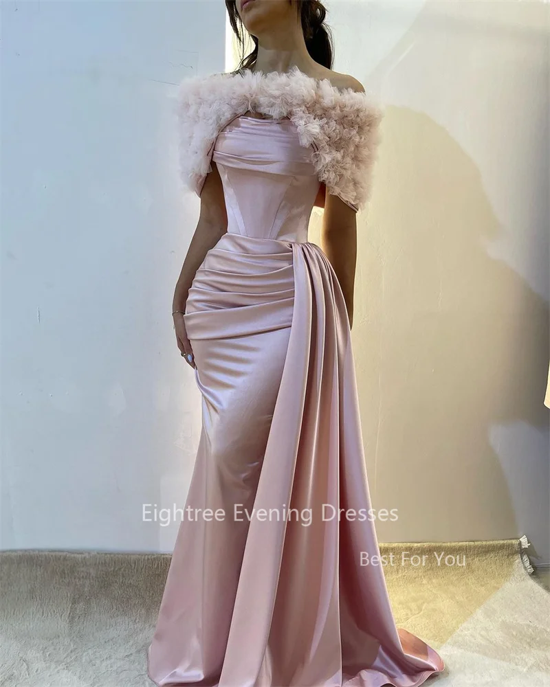 Eightree-Vintage vestido de cetim rosa, vestidos longos sereia, ombro, trem drapejado, gola em camadas, vestidos de noite