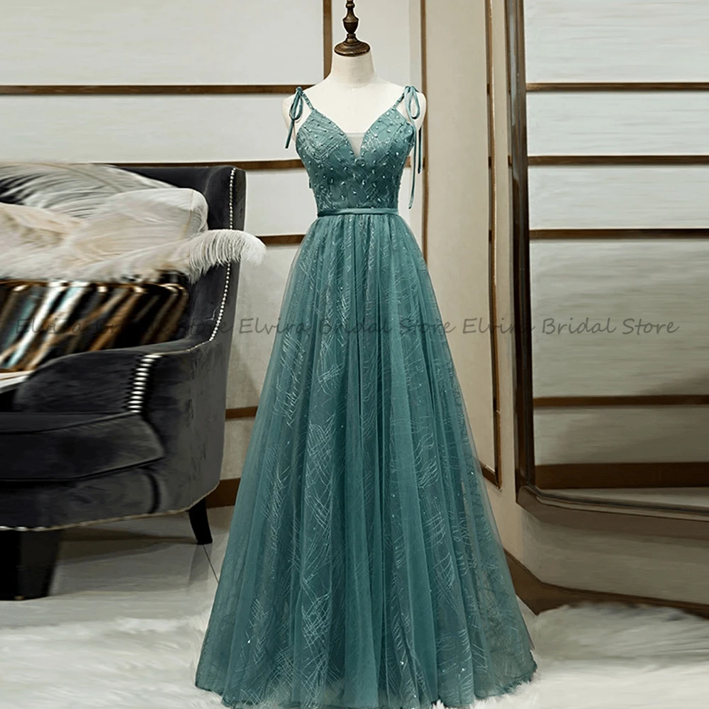 

Fashion Sweep Train Evening Dresses Ladies with V-Neck Spaghetti Straps Lace-Up Backless Sequins Beads Tulle A-Line Party Gowns