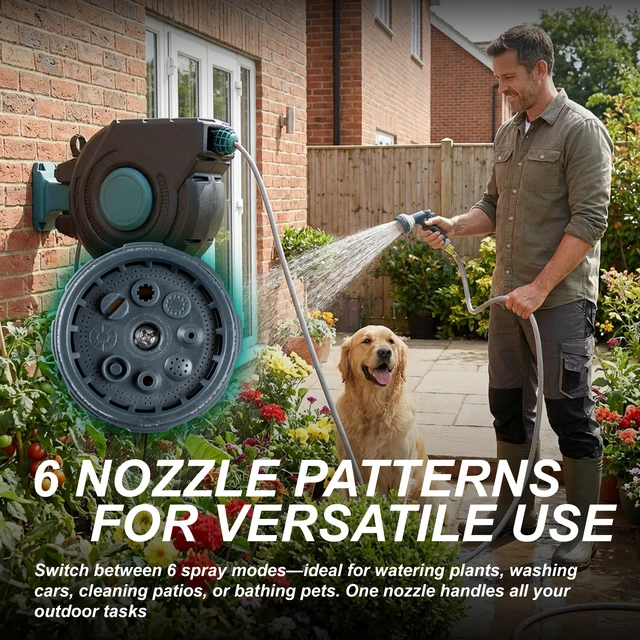 Heavy Duty Retractable Garden Hose Reel Wall Mounted 100FT with 6 Pattern Nozzle Slow Return 180° Swivel for Water Saving
