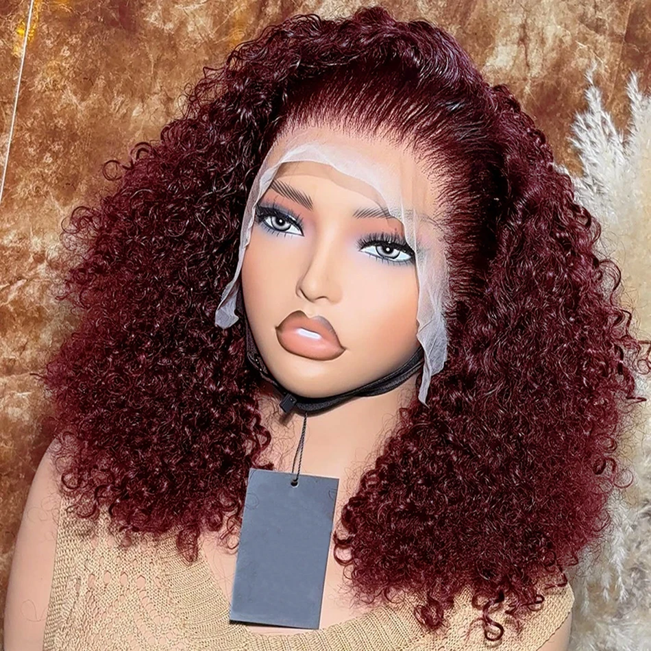 99J Burgundy Bob Wigs Human Hair Wig 13x4 Lace Front Wig Deep Wave Curly Transparent Lace Frontal 250 Density Pre Plucked