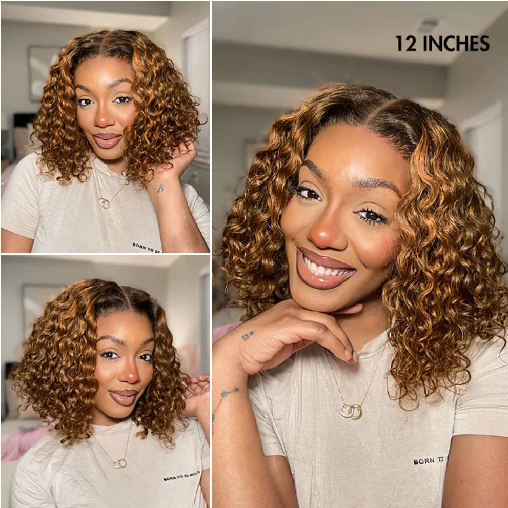 Parrucca frontale in pizzo 13x4 HD per capelli umani al 100% Ombre Capelli ricci marroni Parrucca corta Bob P4/27 Evidenzia parrucca per capelli umani a onda profonda per le donne - immagine 3