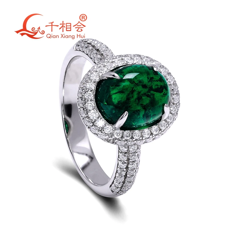 

Flat back oval cabochon 8*10mm 925 silver green color emerald ring Created Hydrothermal Emerald melee white moissanite Wedding