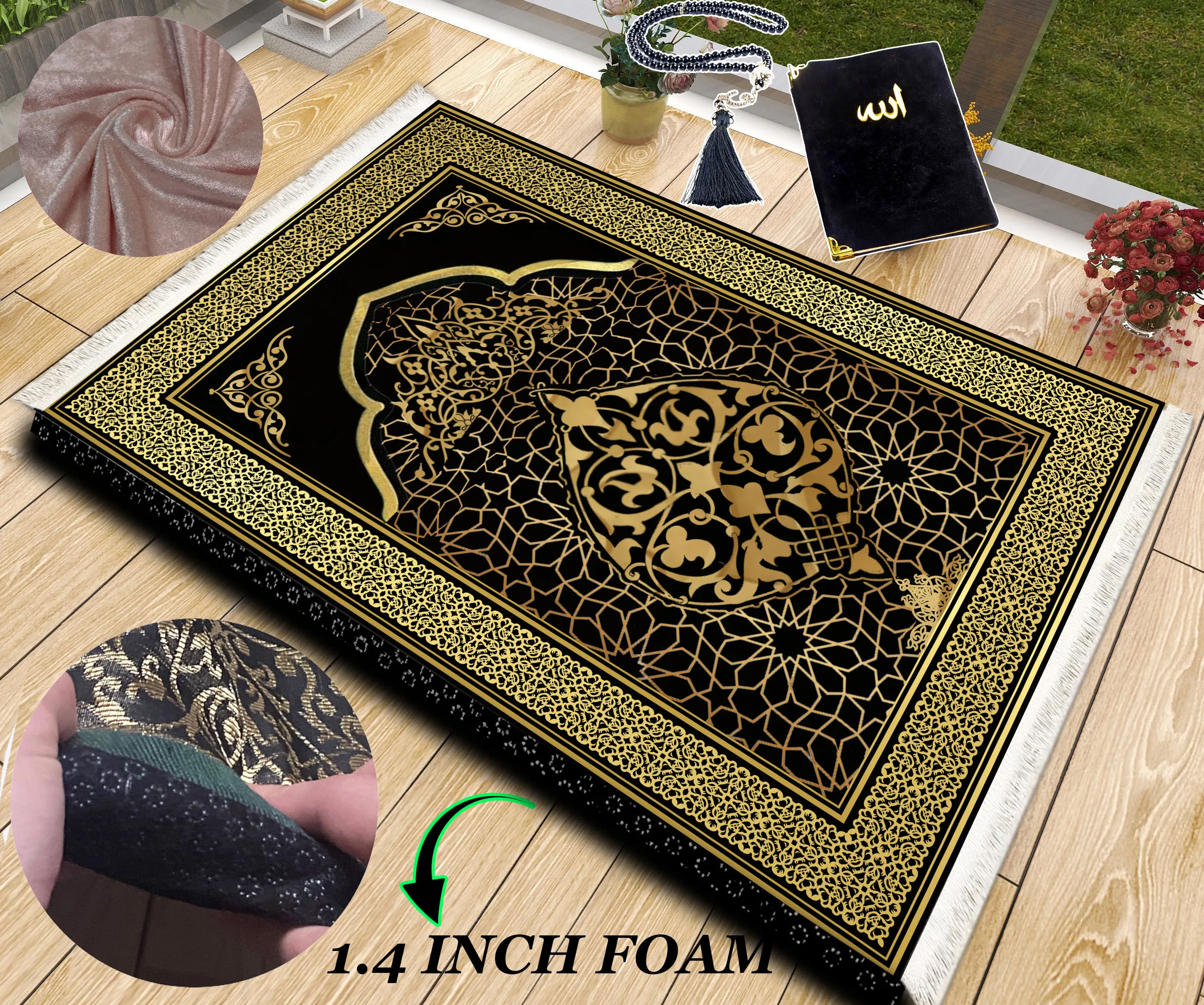 

Extra Thick Foam Padded Turkish Black Gold Prayer Rug, Yaseen, Soft Praying Mat Carpet & Pearl Tasbeeh, İslamic Gift Set