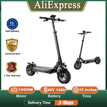 Monopattino elettrico IScooter W9 con motore da 1000W, batteria da 48V 14Ah, pneumatici da 10 pollici, velocità massima di 45 km/h, autonomia di 45 km, freni a disco anteriori e posteriori.