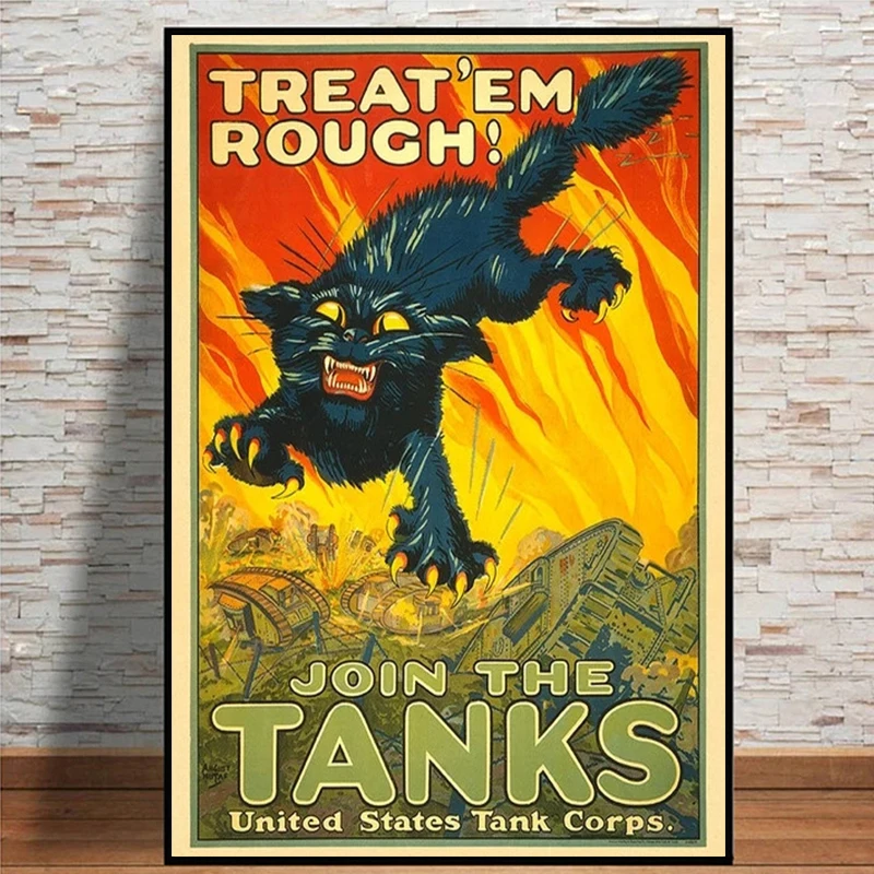 Vintage Stati Uniti Tank Corp World War Ii Black Cat Reciting Arruol Poster Prints Treat Em Rough Canvas Painting Wall Art