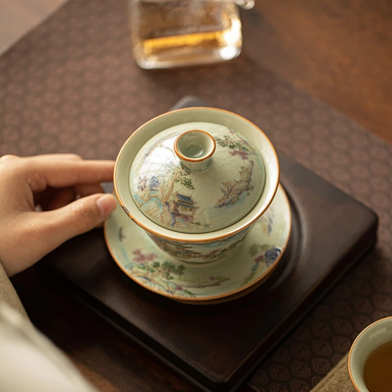 Palace Ru Yao Porcelain Gaiwan Set for Tea Tureen Teaware Cup Chinese Yellow Bowls Chawan Tea Ceremony Set Lily Deng's Store