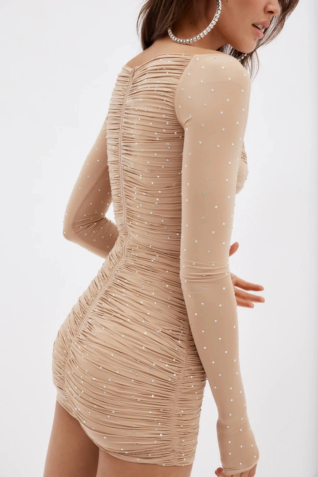 Ruched Cut Out Diamonds Long Sleeve Mini Dress Women Shirring Sweetheart-neck Slim Wrap Skirt Elegant Bodycon Partywear