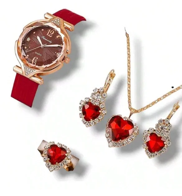 Set Reloj De Pulsera Aretes Collar Anillo Rojo