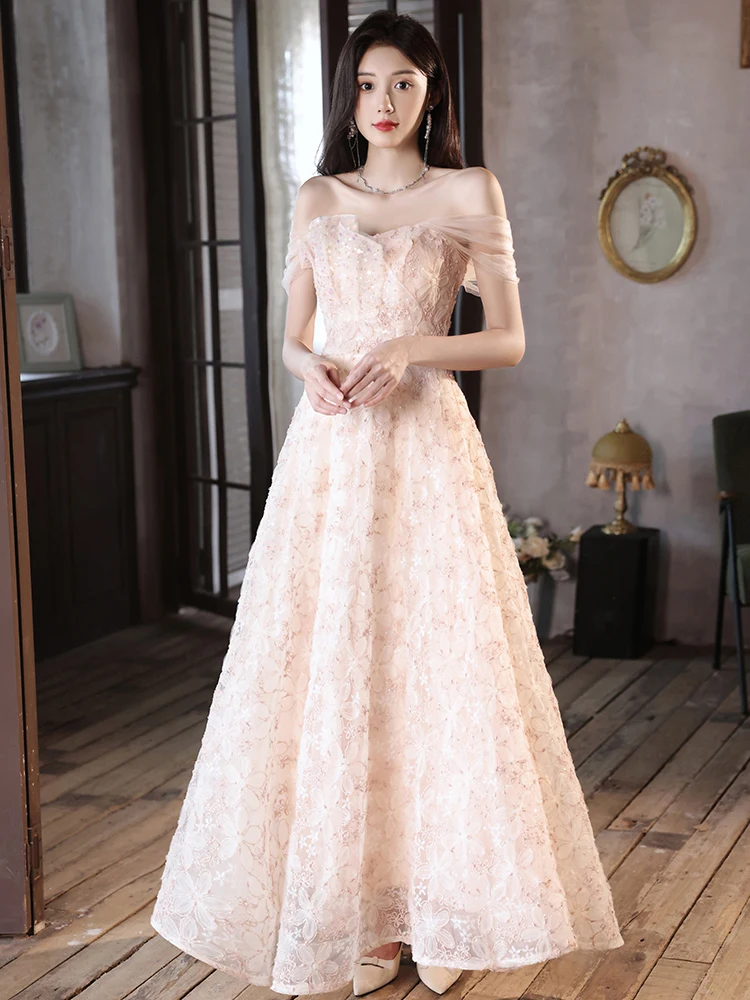 

Women Strapless Evening Dress French Off Shoulder Floral Long Birthday Party Dress Retro Back Lace-Up A-line Prom Gown