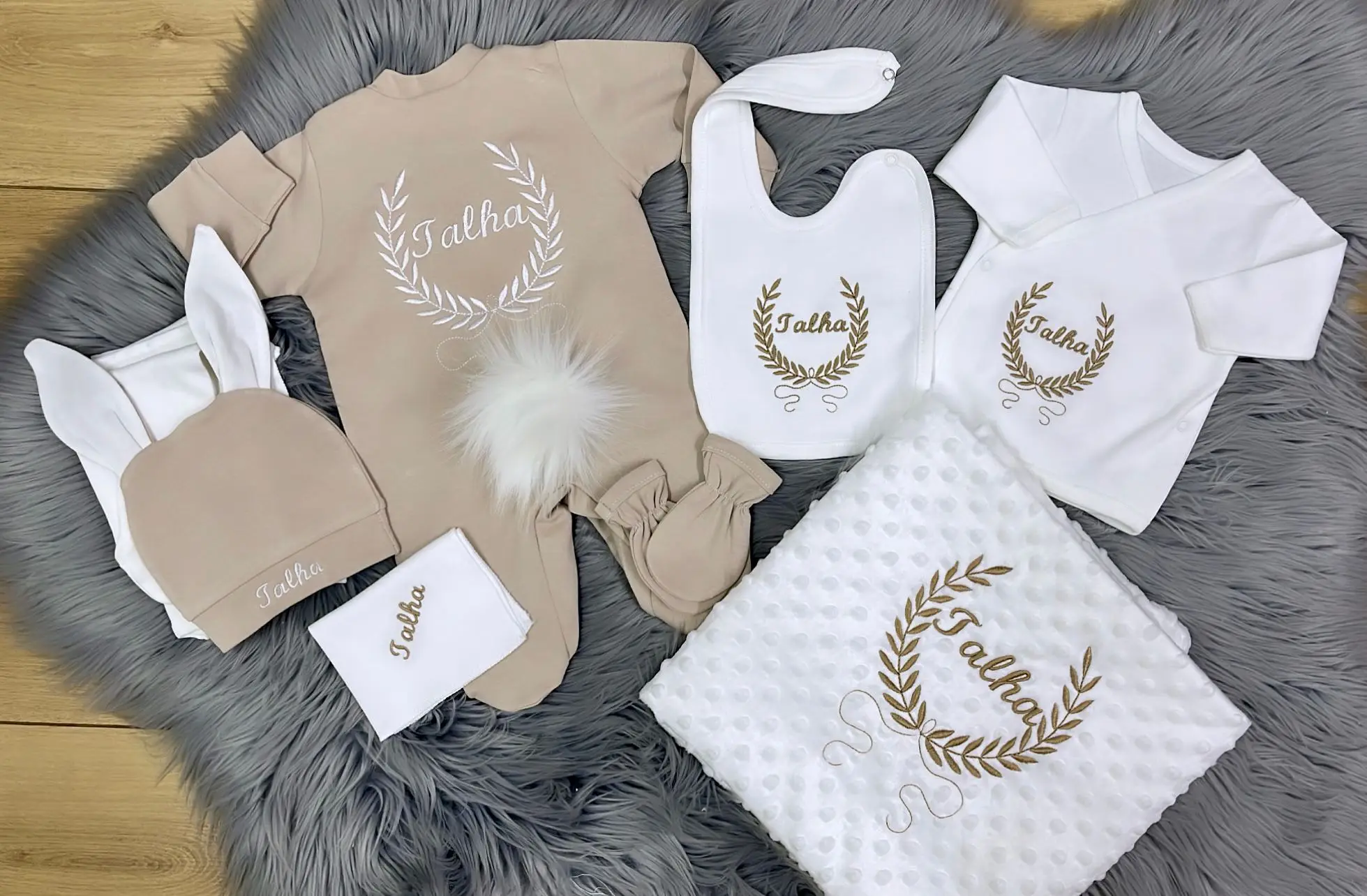 Brown and White Pompom Overalls Special Name Embroidered Hospital Outlet Set