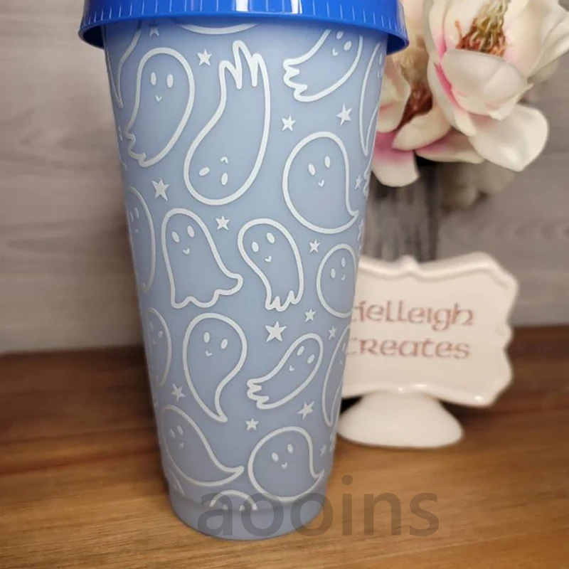 Ghosts with Flowers Glass Coffee Cup With Lid & Straw