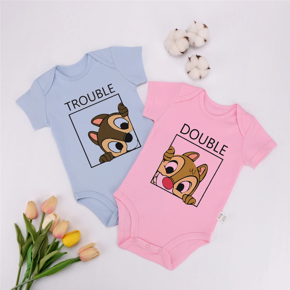 Funny Chip and Dale Disney Baby Bodysuits Cotton Short Sleeve Double and Trouble Twins Rompers Infant Boys Girls Ropa Clothes