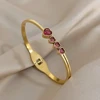 Elegant Pink Heart Rhinestone Stainless Steel Open Spring Bangle for Women Golden Waterproof Cuff Bracelet Festival Jewelry Gift 1
