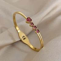 Elegant Pink Heart Rhinestone Stainless Steel Open Spring Bangle for Women Golden Waterproof Cuff Bracelet Festival Jewelry Gift 1