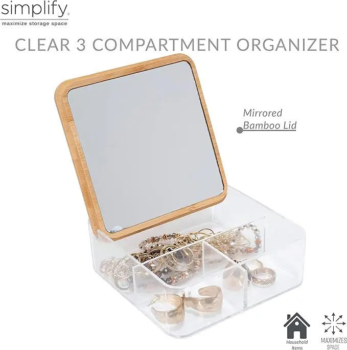3-compartment organizer with bamboo lid. Includes mirror, clear design. For jewelry or cosmetics. 2