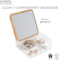 3-compartment organizer with bamboo lid. Includes mirror, clear design. For jewelry or cosmetics. 2