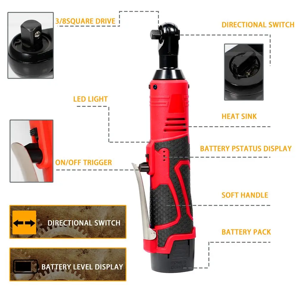 12V Electric Wrench Screwdriver 3/8 Cordless Ratchet Wrench Scaffolding Right Angle Wrench Power Tool Maximum Torque 65N.m 5