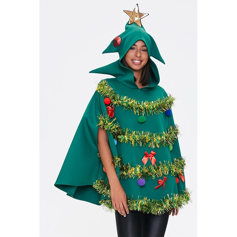 

Новогодний Рождественский костюм для взрослых, праздничная накидка с капюшоном, женское пончо для рождественской елки