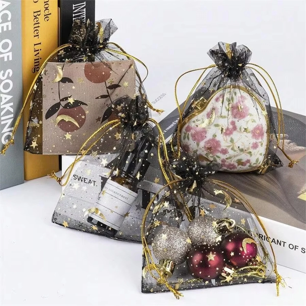 20 Stück/50 Stück/100 Stück schwarze Organza-Beutel, kleine Schmuckbeutel mit Kordelzug, für Partygeschenke, Süßigkeiten, Perlen, Schmuckaufbewahrung, Verpackung – Detail 5