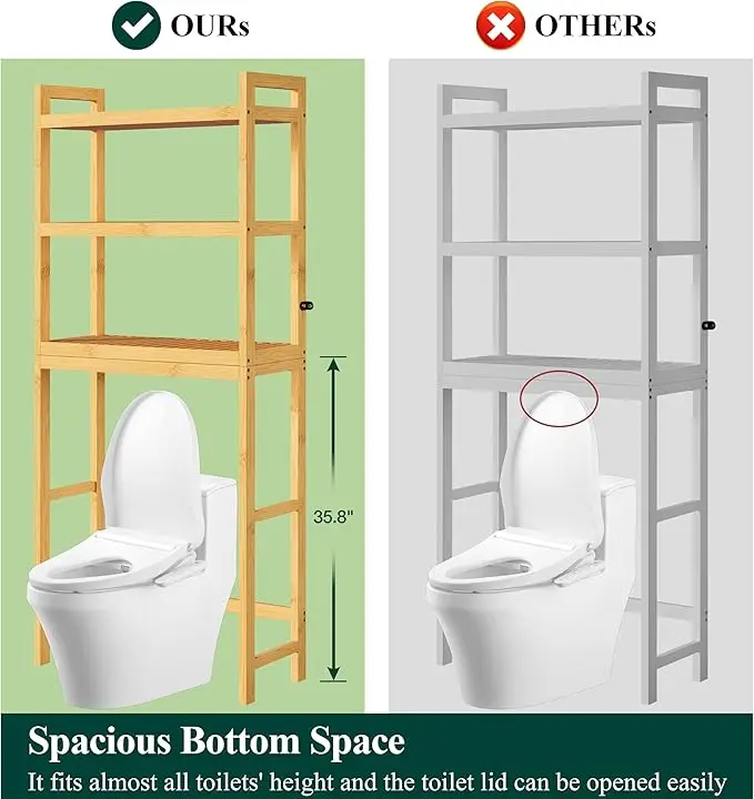 Smiry Over The Toilet Storage, Bamboo 3-Tier Over Toilet Bathroom Organizer, Adjustable Bathroom Shelf, Space Saving, Stable Fre 5