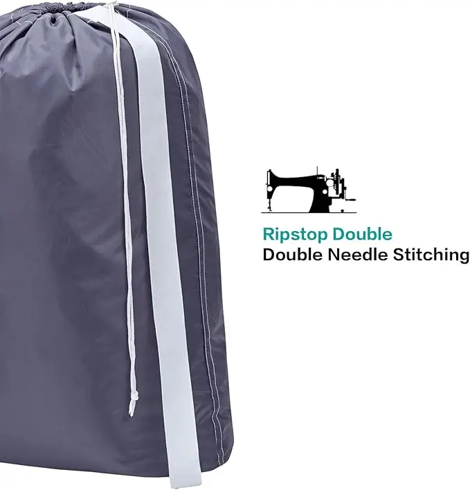 2-pack XL nylon laundry bags with straps. Holds up to 4 loads of clothes. Fits hampers or baskets. Durable grey design. 4
