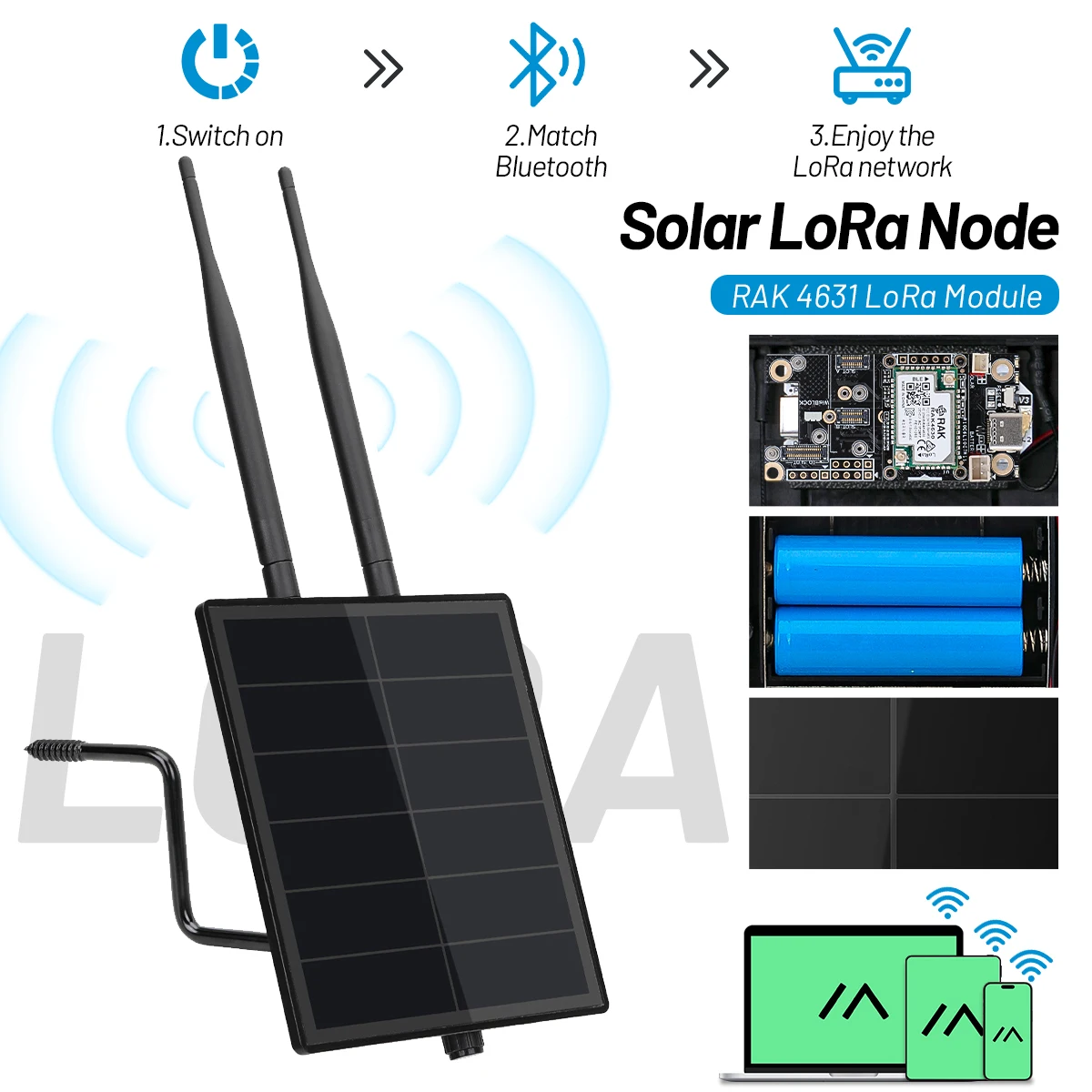 D5 Solar Power Lora Node Repeater 3.7v 5v with Wisblock RAK19007 RAK4630 SX1262 Meshtastic radio 915/868 Lora Antenna