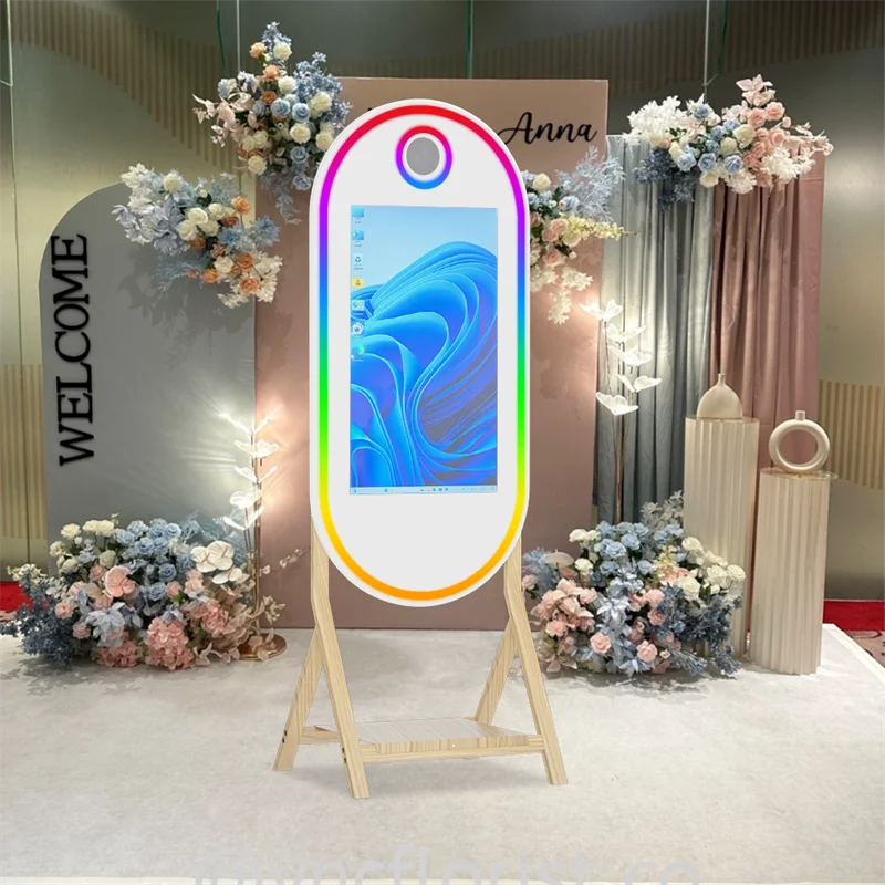 55-inch imitation wood grain foot magic mirror photo booth, 32-inch touch screen magic mirror, built-in mini computer, with flig A91c1bdb0578542dda727333b1642f8b0d