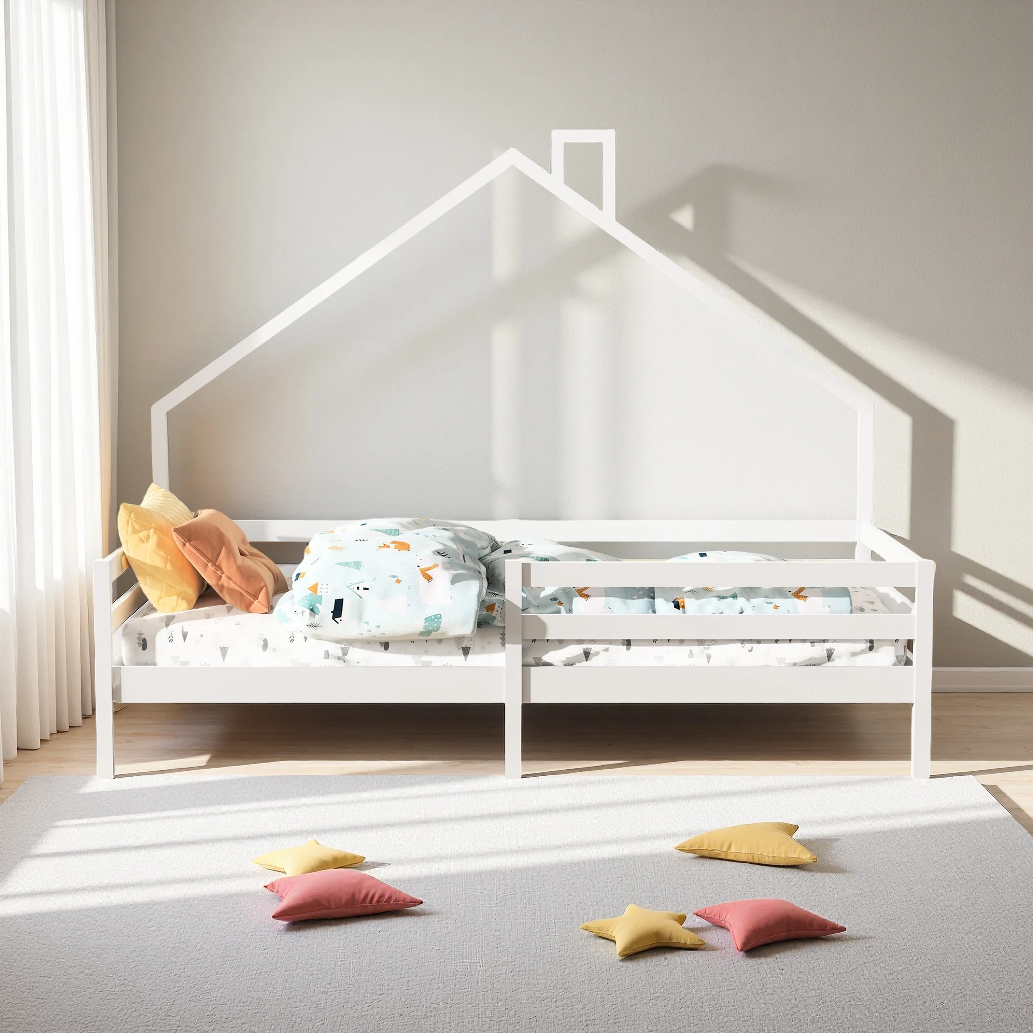 Lit enfant Comanlai 90 x 200 cm avec protection contre les chutes Robuste lit d'arbre en bois avec sommier à lattes pour garçons et filles