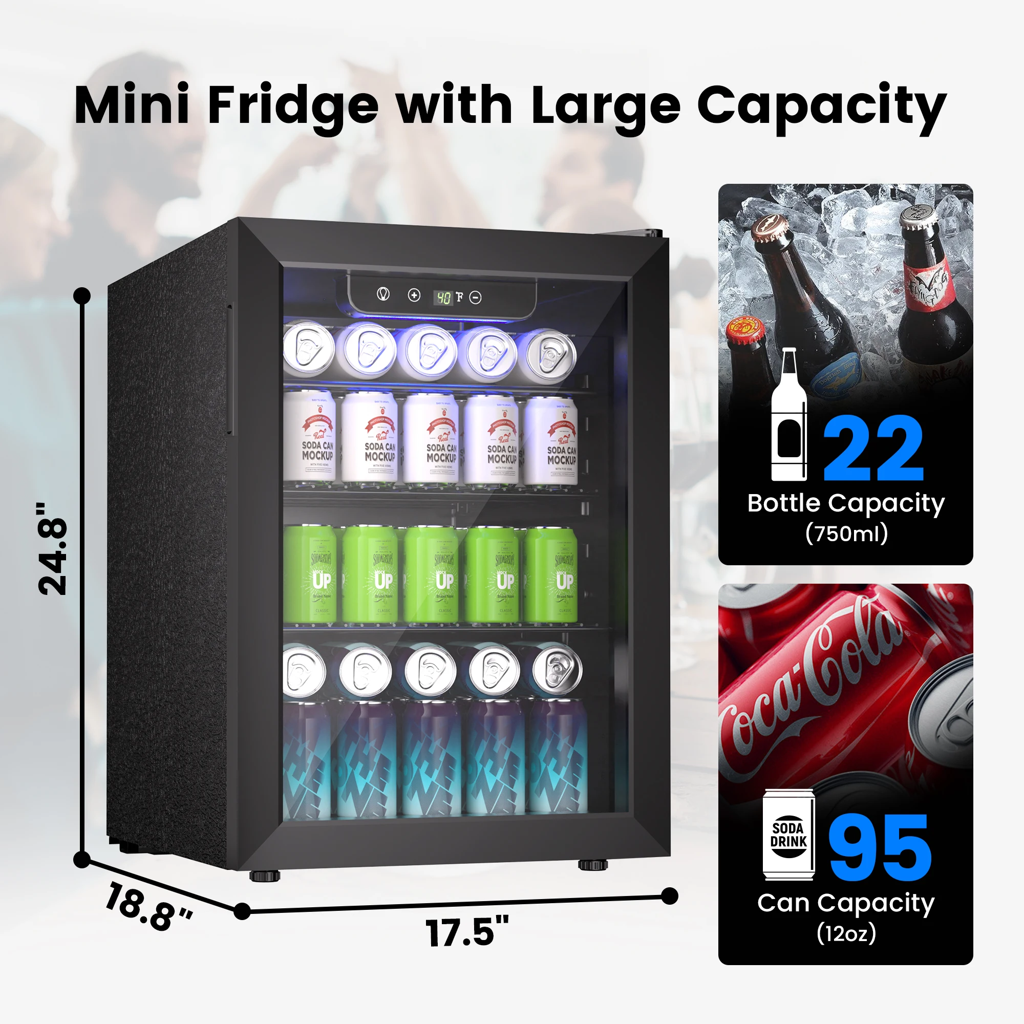 ICYGLEE Beverage Refrigerator 2.7cu.ft 100 Can Mini Fridge for Beer Drinks Wines Freestanding Fridge Blue LED for Home Dorm Bar 6