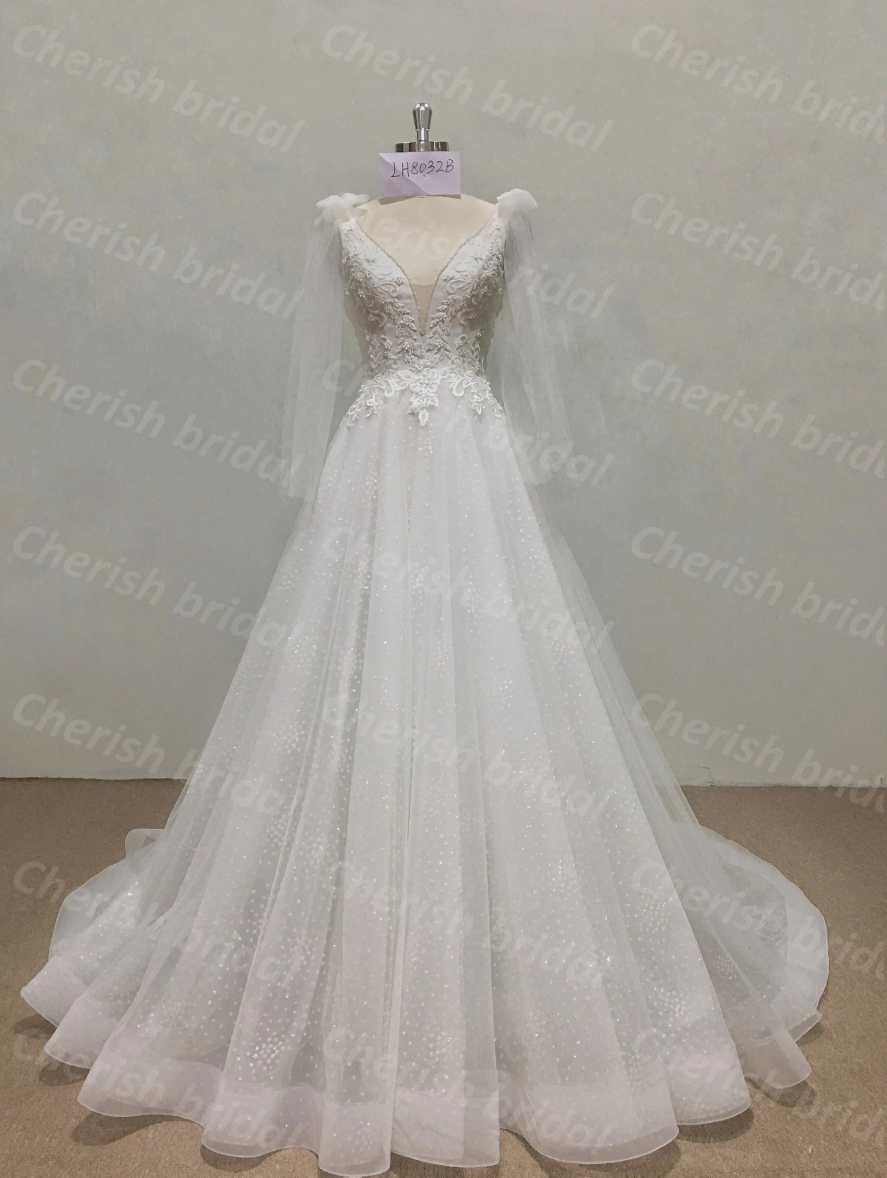 

C3004A Elegant Lace Applique Wedding Dress，Tank Sleeve Backless A-line Bridal Dress Wedding Gown for Women