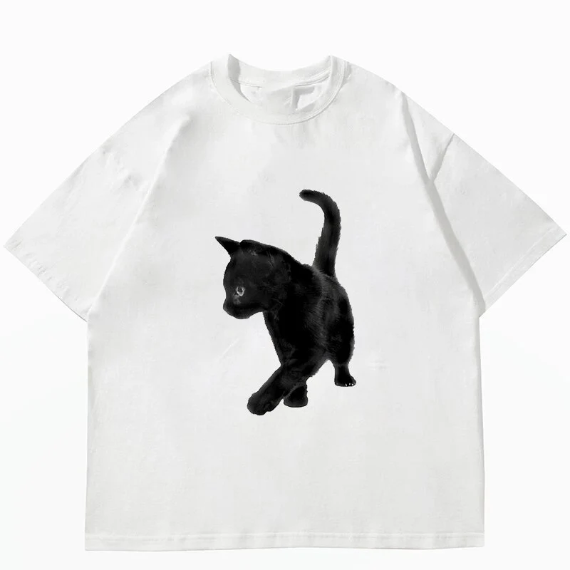 High Quality Cotton Female Cute Cat Print T-Shirt for Female/male Haruku Fashion Couple Tops Y2K Oversized Tee_voghion.com