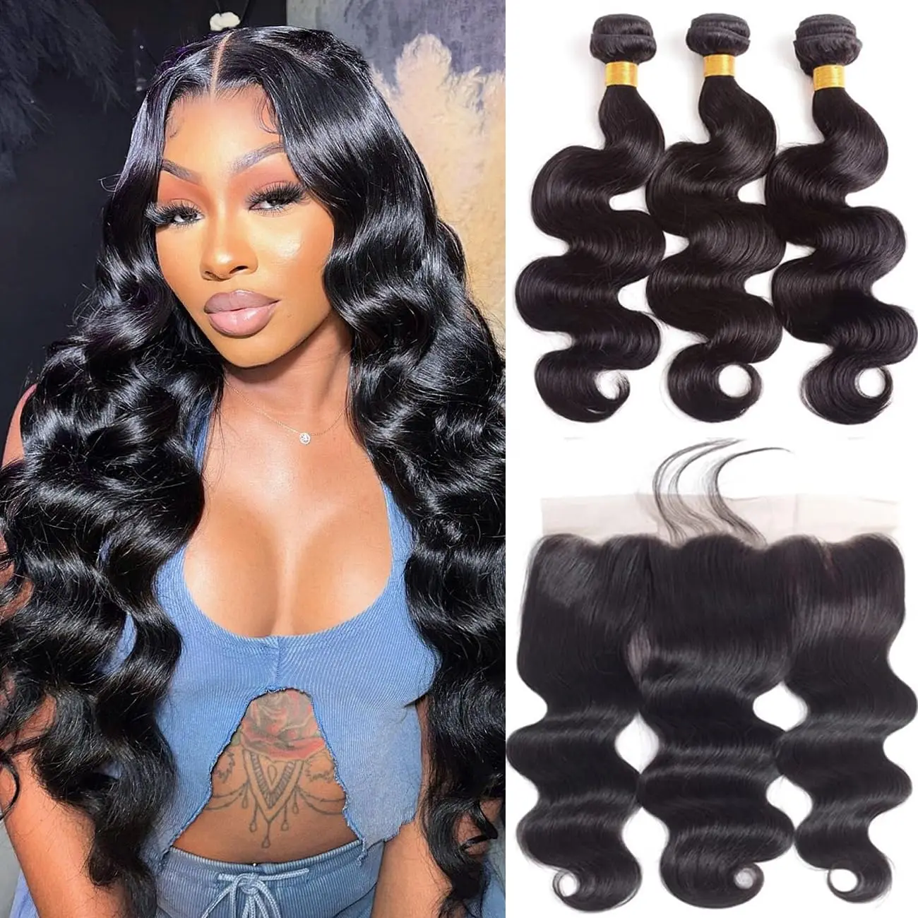 Body Wave Bundles with Free Part Closure Brazilian Human Hair Bundles with 13x4 Transparent Swiss Lace Frontal Natural Black #1B