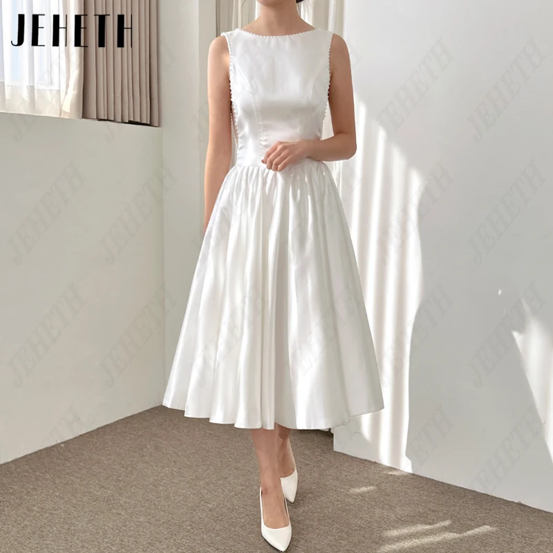 

JEHETH Scoop Neck Pearls Korea Wedding Dresses Women A-Line Sleeveless Bridal Gowns Satin Illusion 웨딩드레스 Photography Tea-Length
