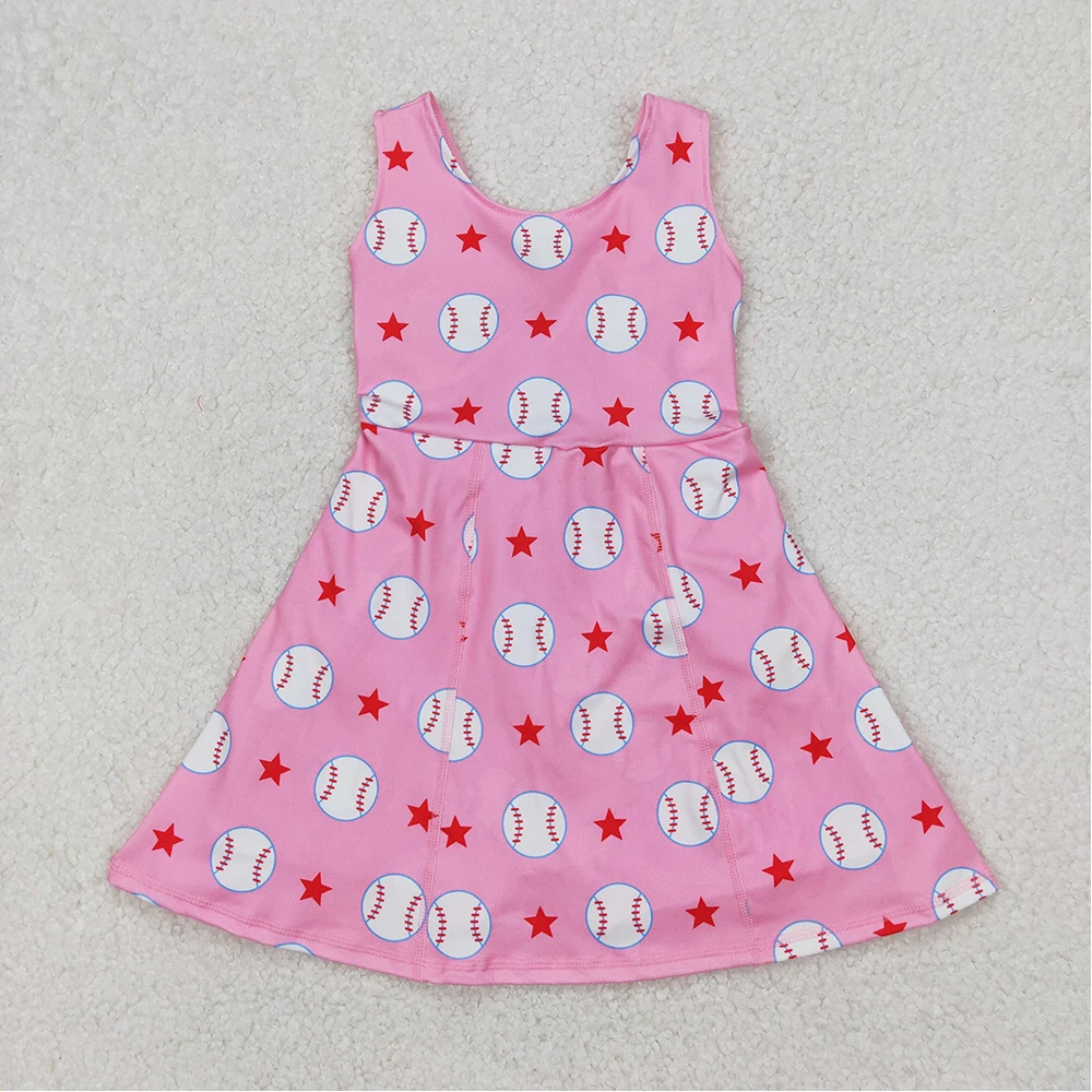 3.17 GSD2135 Baby Girls Dresses Sleeveless Baseball Print Have Under Shorts Kids Summer Clothing