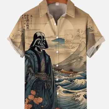 Ukiyo-e 레트로 가면 사무라이 풍경화 프린트 남성용 반팔 셔츠, 루즈한 라지 사이즈 S-5XL