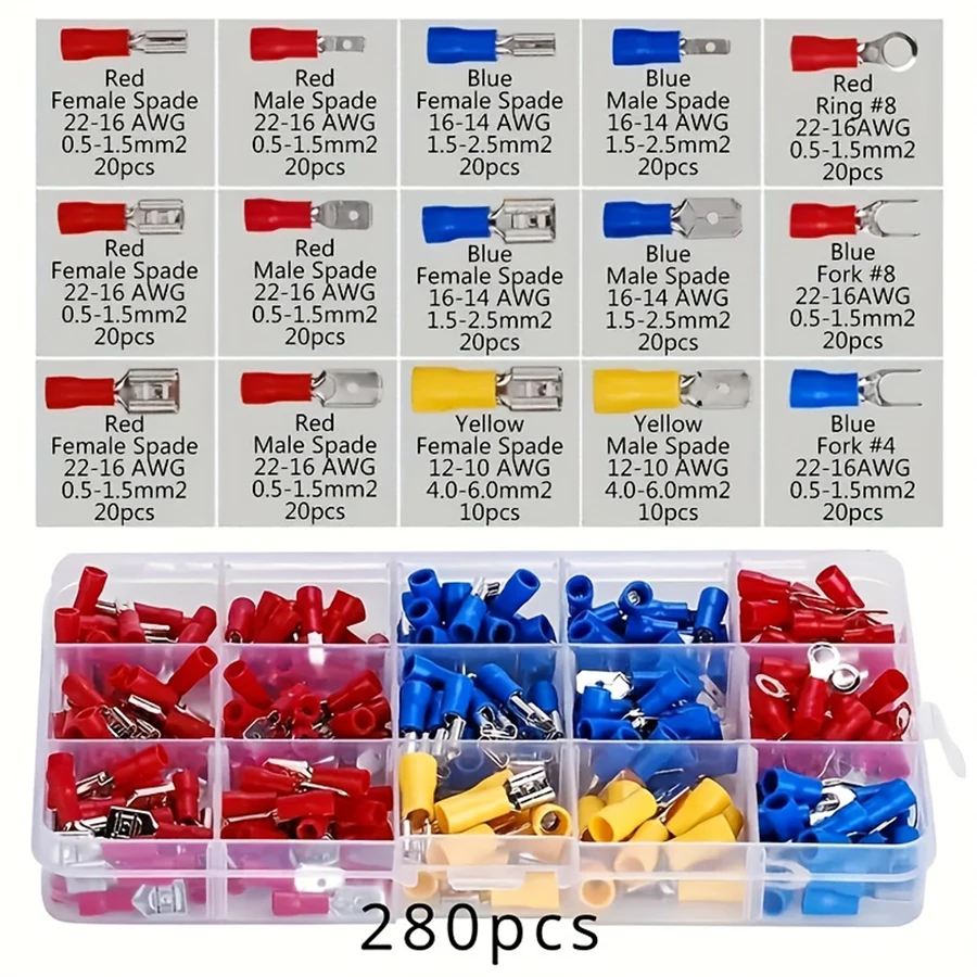 ชุดเทอร์มินัลจีบไฟฟ้าสากล 280 ชิ้น - ชุดขั้วต่อสายไฟคละแบบพร้อมจอบส้อมวงแหวนหุ้มฉนวน 1