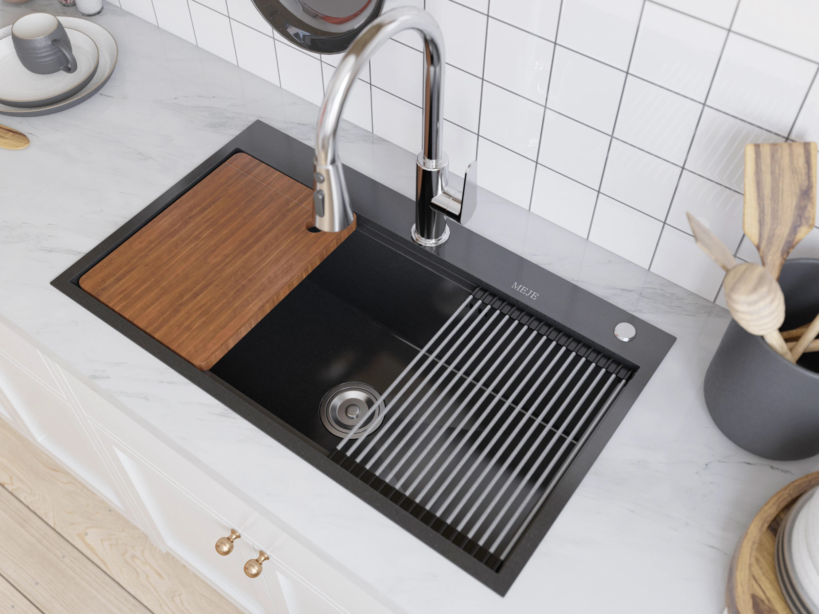 MEJE 80 x 46 Cm Drop-in 11 Gauge Stainless Steel Workstation Kitchen Sink ,Large Single Bowl,  Color Black，Grey 5