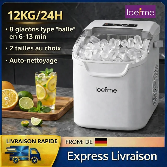 LOEFME Machine à Glaçons Portable 12kg/24h 8 Glaçons en 6-13 Min Auto-Nettoyante LED avec Taille de Glaçons Réglable Réservoir d’Eau 0,8L 1