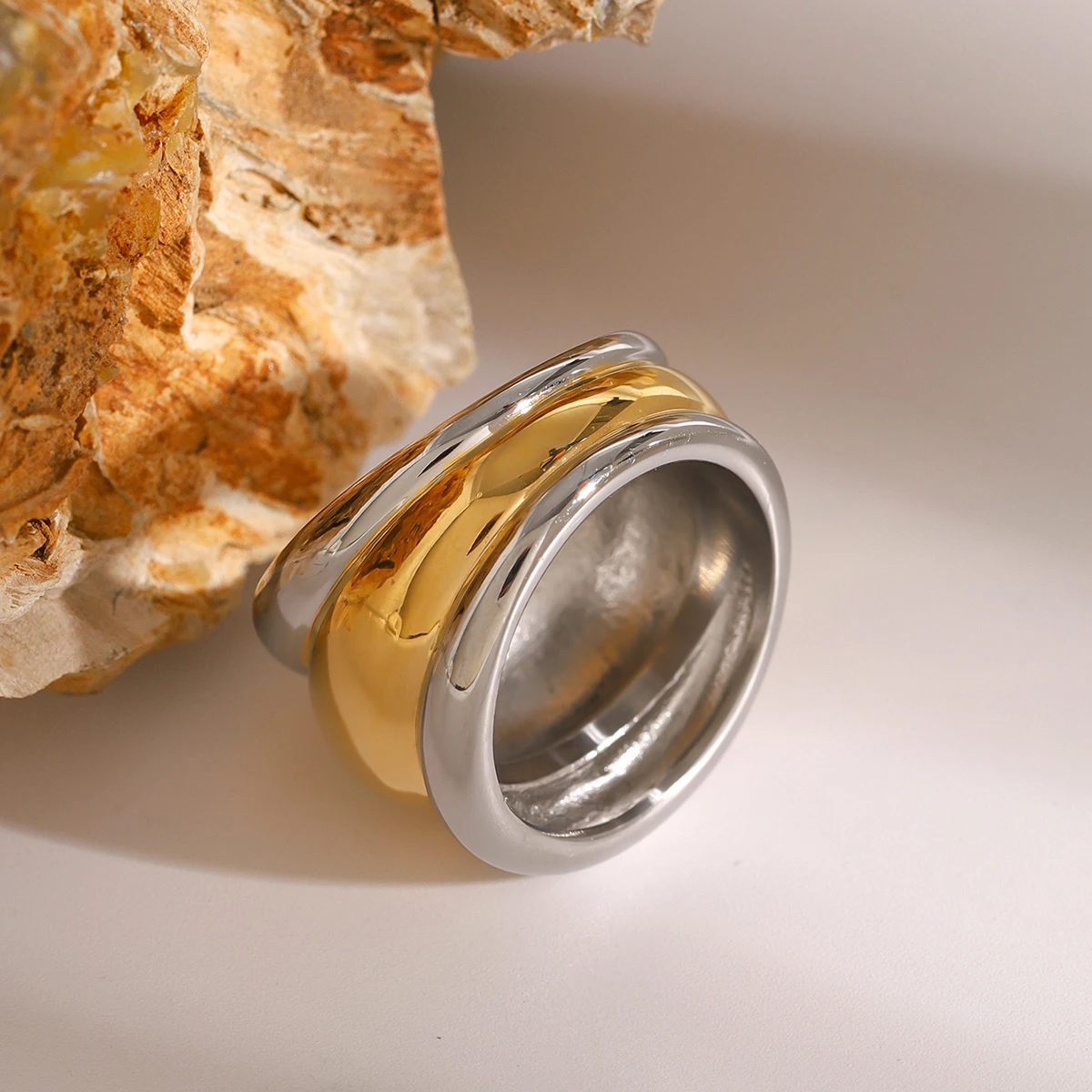 Uworld Stainless Steel Layered Metal Texture Ring Occident Simple Silver Gold Mixed Finger for Women Jewelry кольцо женское 4