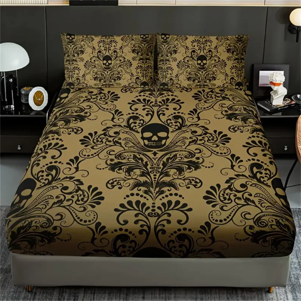 Skull Floral Design 3-Piece Bed Sheet Set - 100% Polyester, Digital Print, Breathable All-Season Fitted Sheet and Pillowcase Set 4