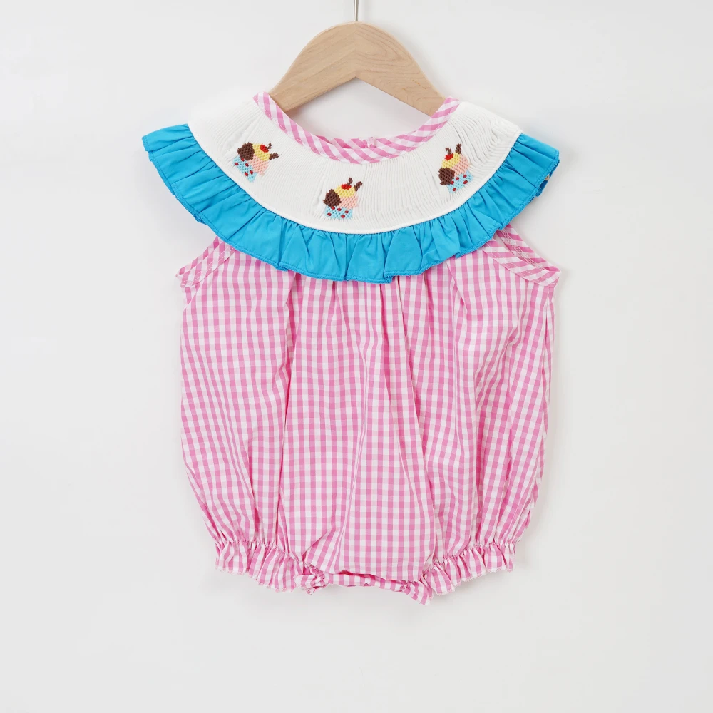 2022 Boutique Baby Girl Clothes Smock Newborn Romper Hand Made Cake Embroidery Bodysuit Pink Lattice Jumpsuit 0-3T For Girls