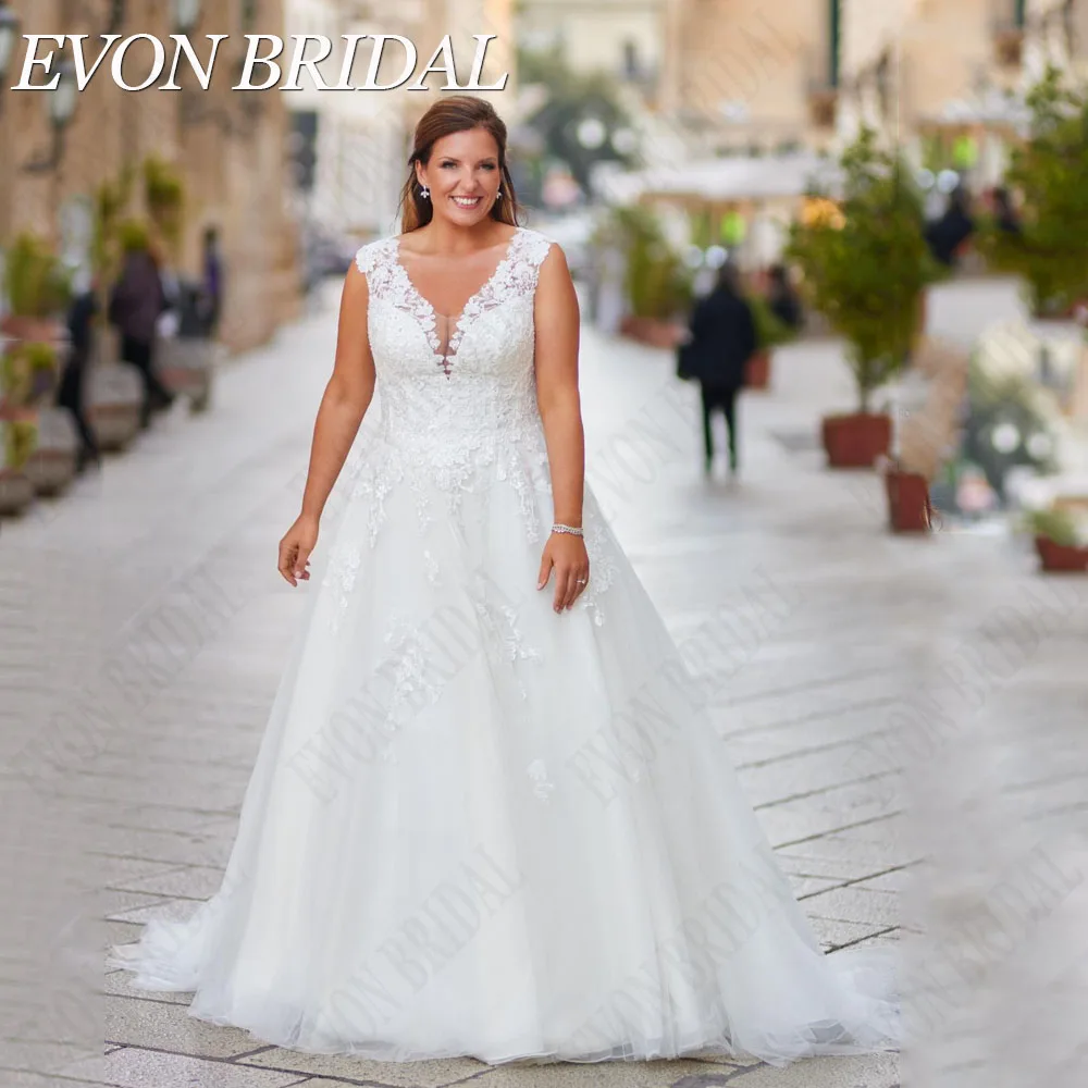 EVON BRIDAL Beach Plus Size Wedding Dresses V-neck Lace Applique Sleeveless With Button A-Line Wedding Dress Vestido De Novia 3