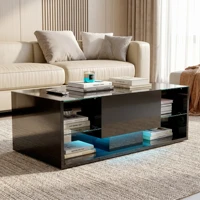 Table basse Anajqaqia 100x50x35cm, style nordique, finition brillante, LED, avec espace de rangement et tiroirs pour salon et balcon, noir 1