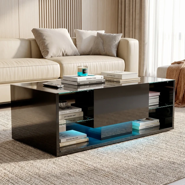 Table basse Anajqaqia 100x50x35cm, style nordique, finition brillante, LED, avec espace de rangement et tiroirs pour salon et balcon, noir 1
