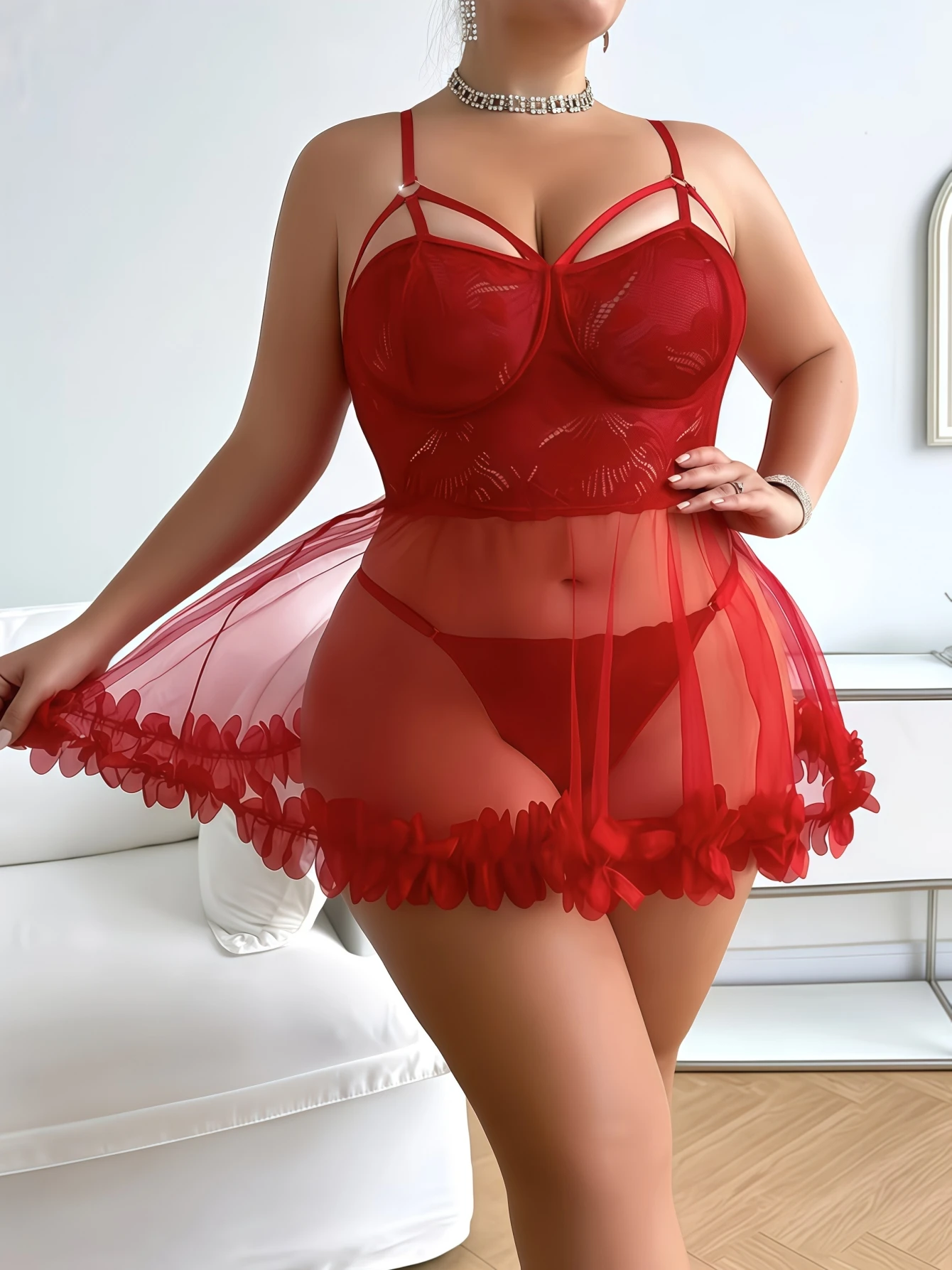 Plus size lingerie with sheer nightdress, matching thong, and soft ruffle trim