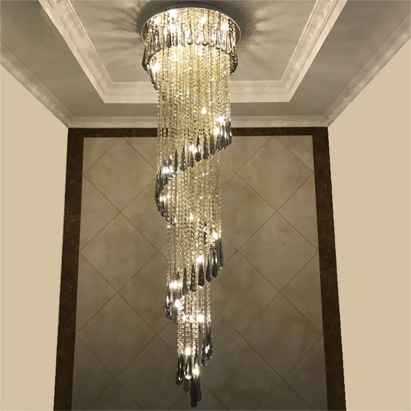 

Modern Crystal Chandelier For Staircase Smoke Grey Crystals Lamp Spiral Design Home Decoration Lighting Luxury Art Decor Hotel