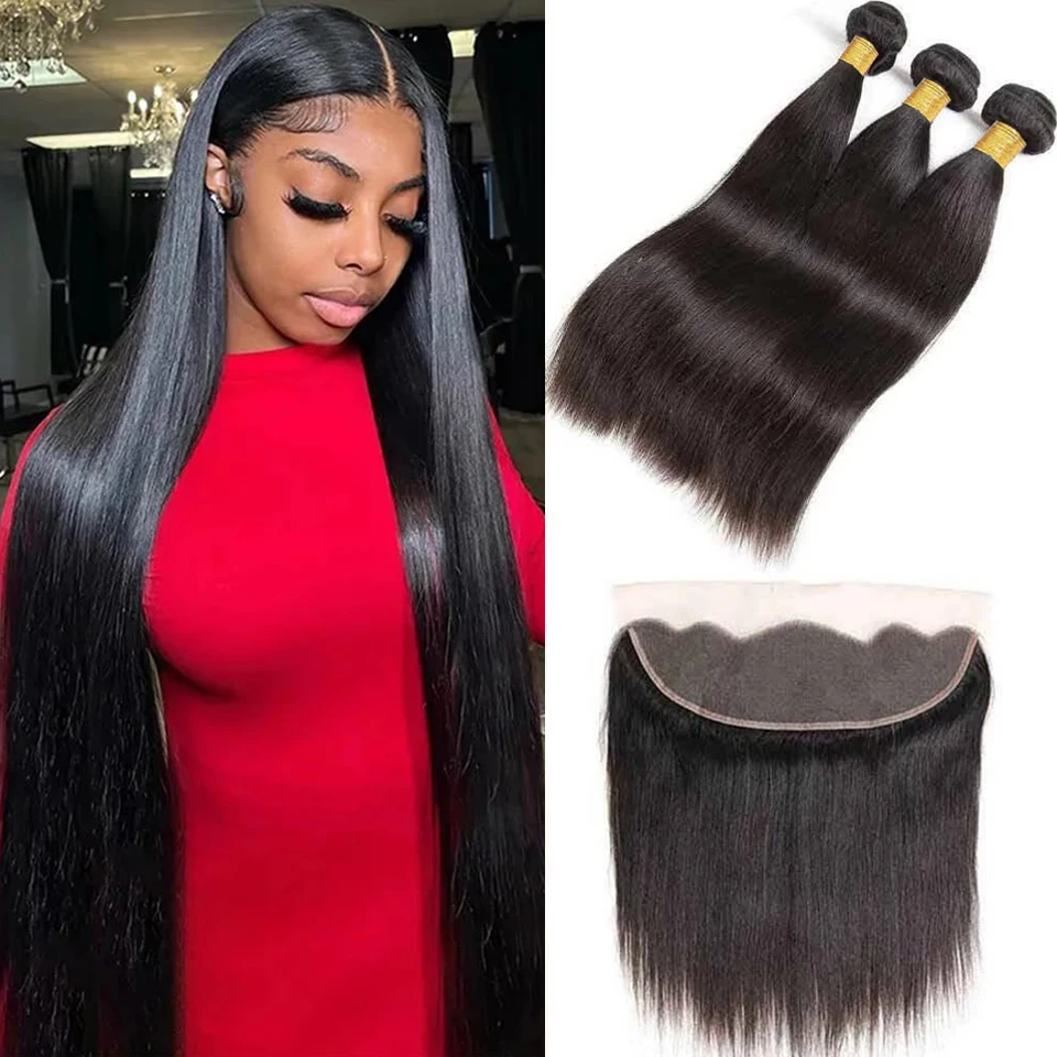 

3 Remy Bone Straight Human Hair Bundles With Frontal 13x4 Brazilian Transparent Pre Plucked Lace Closure and Bundle Extensions