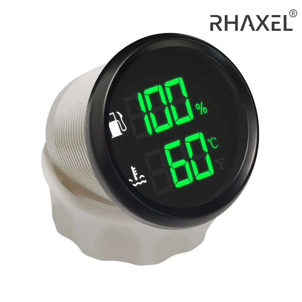 RHAXEL 디지털 연료 레벨 수위 수온, 2 in 1, 52mm 홀딩 탱크 레벨 게이지 전압계, 9-32V