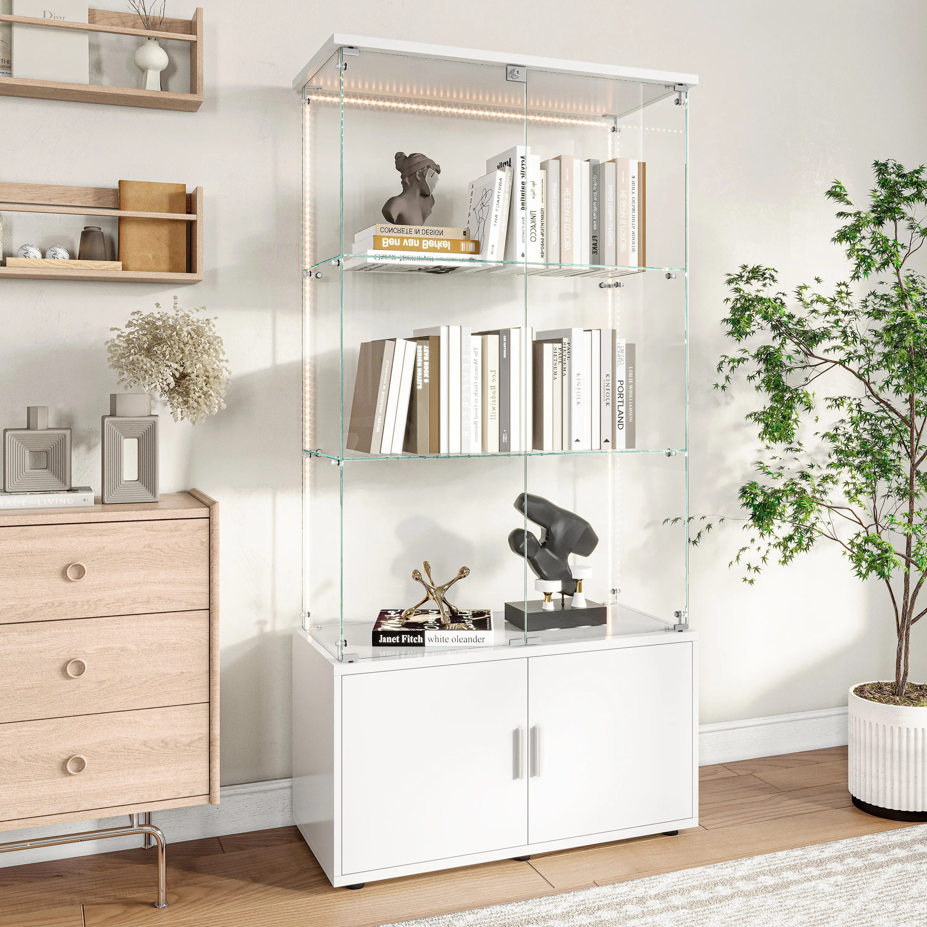 Rosahqnda Freistehende Küchenschränke mit Glastür, Glas Küchenschrank Anzeigeschränke Glas Anzeigeschrank mit 5 Regalen – Detail 22