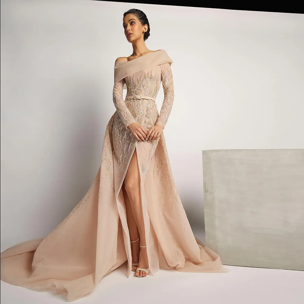 Nude Sequin Off-Shoulder Evening Dress